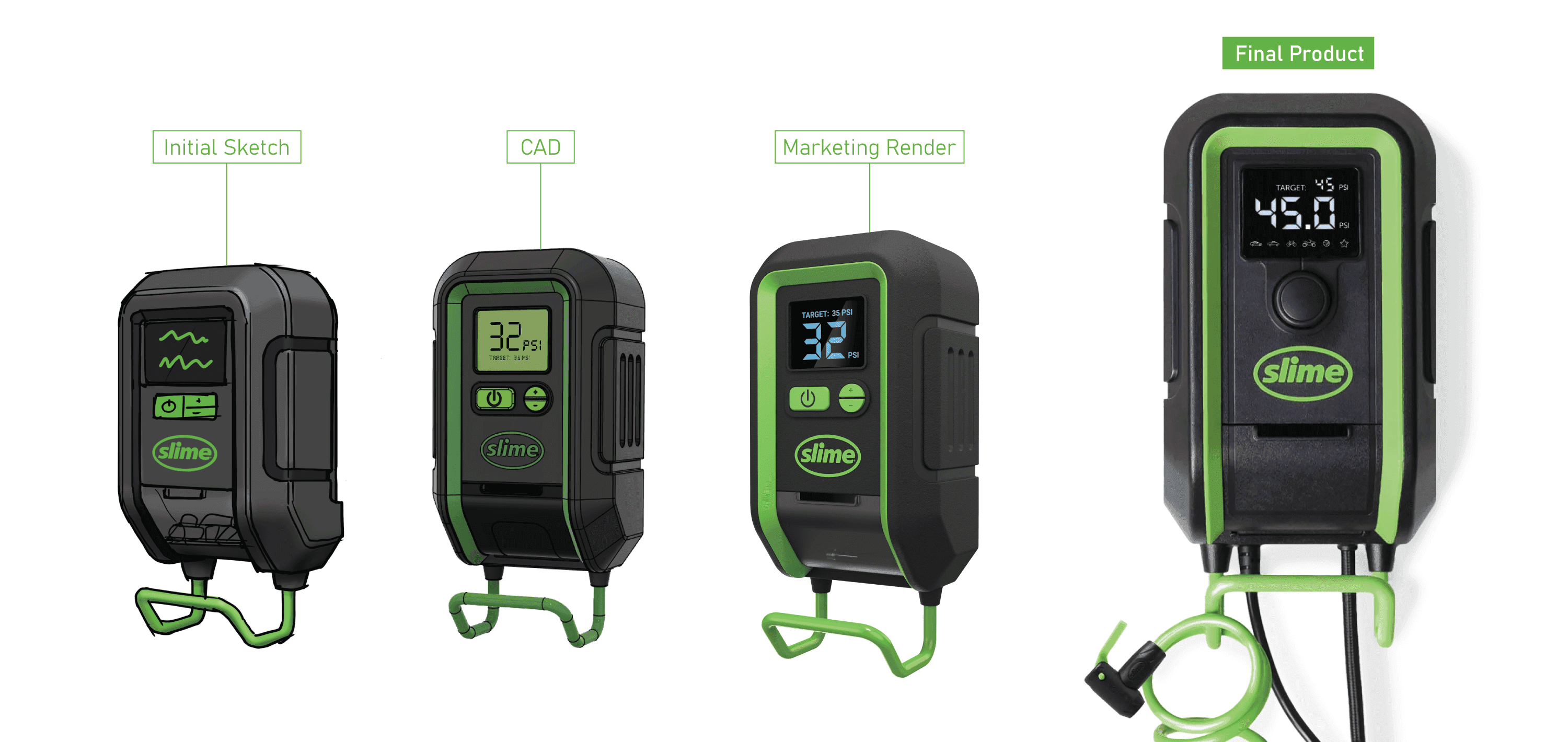 Rethinking an existing inflator into a refined, modern redesign. The same job, redesigned around how people actually use it